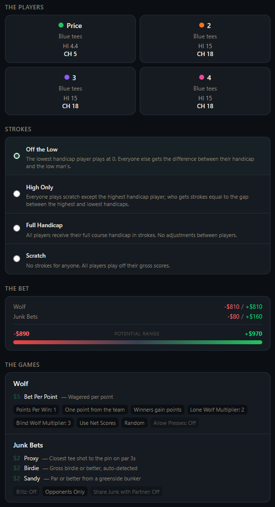 Round creation screen showing course selection, players, strokes, bet summary, and game setup